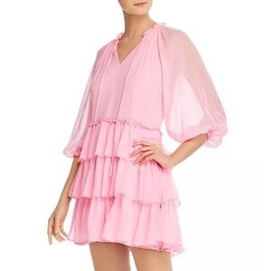 Alice and Olivia 100% Silk Layla Tiered Ruffle Balloon Half Sleeve Mini Dress S
